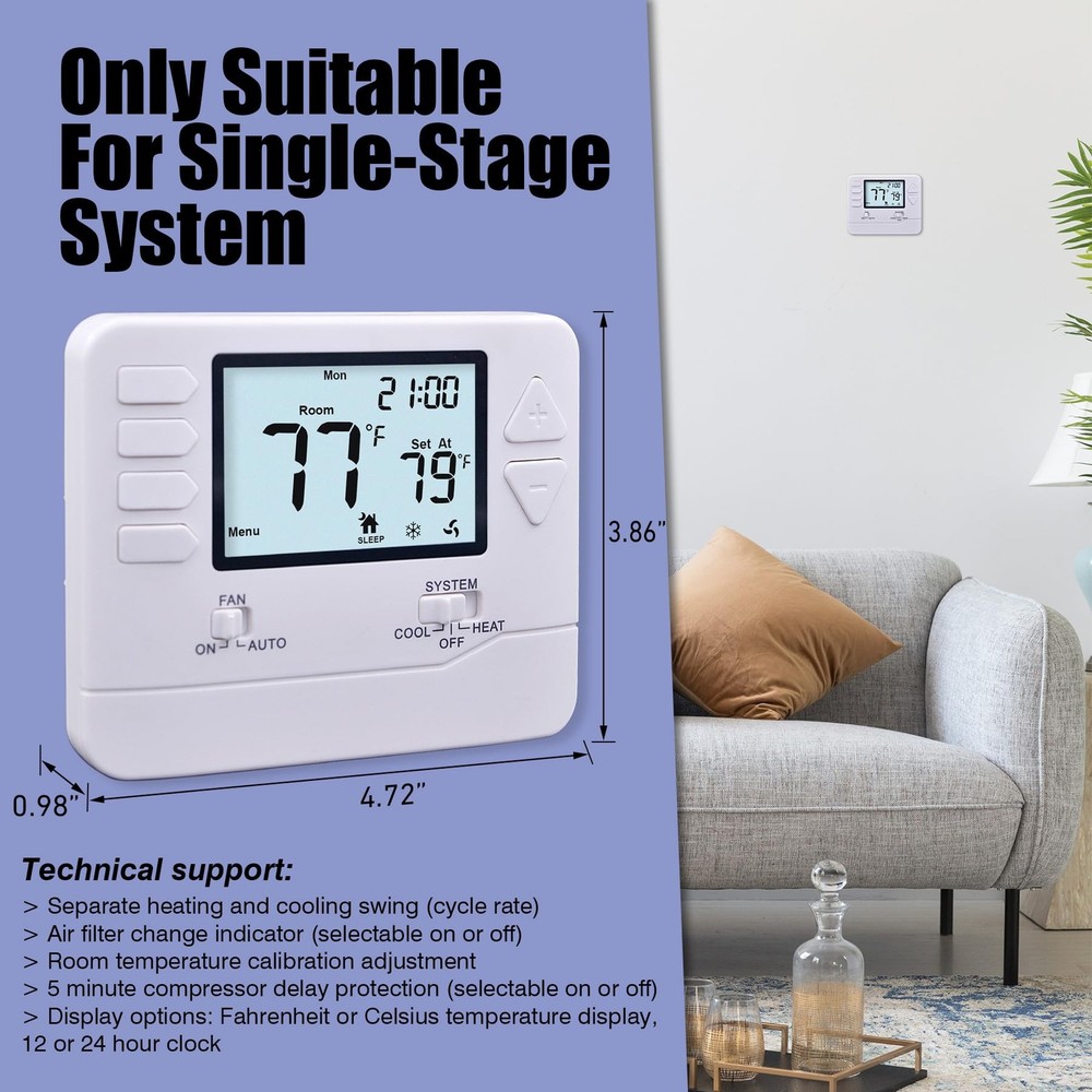 5-1-1 Day Programmable Thermostat for Home Conventional Single-Stage Systems,