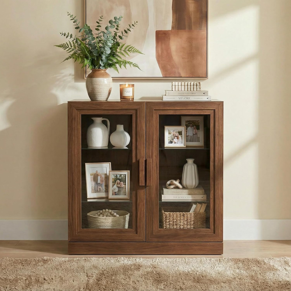 Walnut Adam Sideboard Buffet Cabinet with Glass Doors & Adjustable Shelves