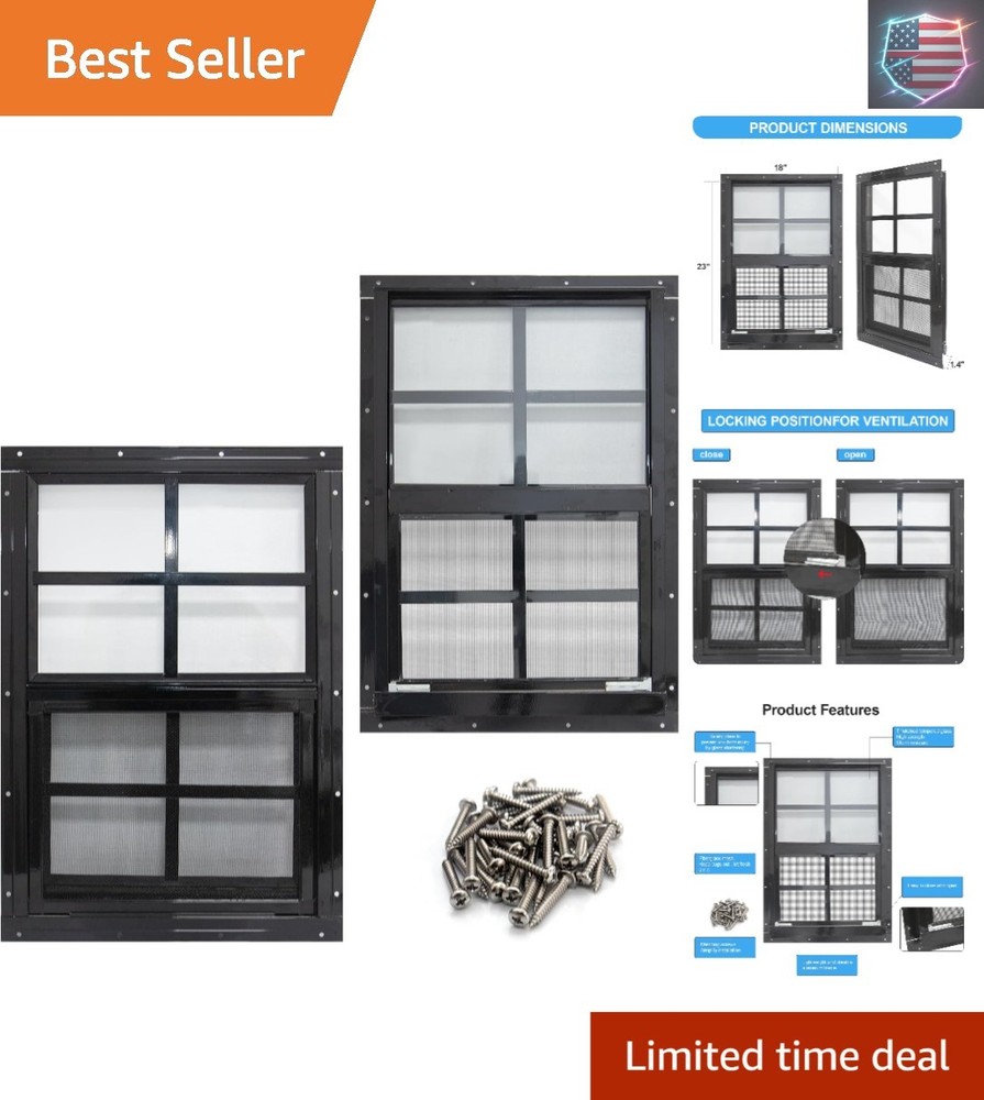 2 Pack Shed Windows with Black Frame, 18x 23 Flush Mount Small Window with Te...