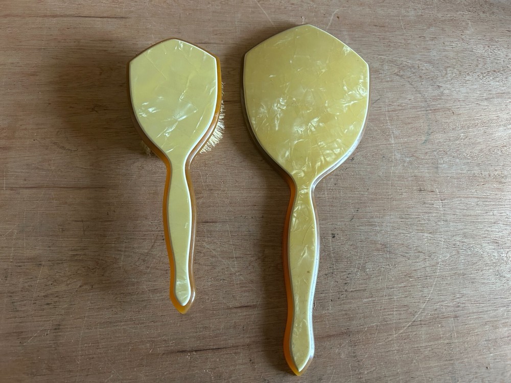 Vanity Hand Mirror Brush Butterscotch Celluloid Bakelite Deco Set Vintage