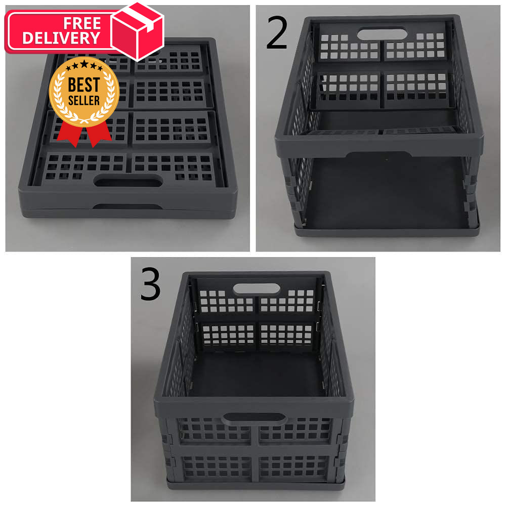 Idotry 3-PACK 15 L Plastic Stacking Folding Storage Crates, 15 L, gray