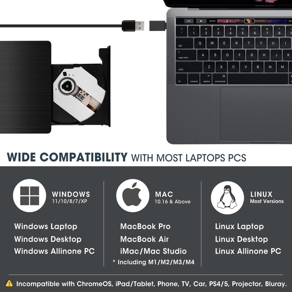 ROOFULL USB C External CD DVD Drive 3.0 Laptop Mac Windows Burner
