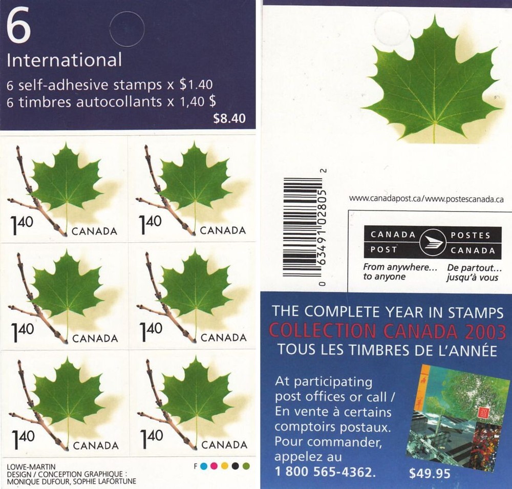 Green Maple Leaf Mint MNH Booklet 6 Stamps $1.40 Canada 2003