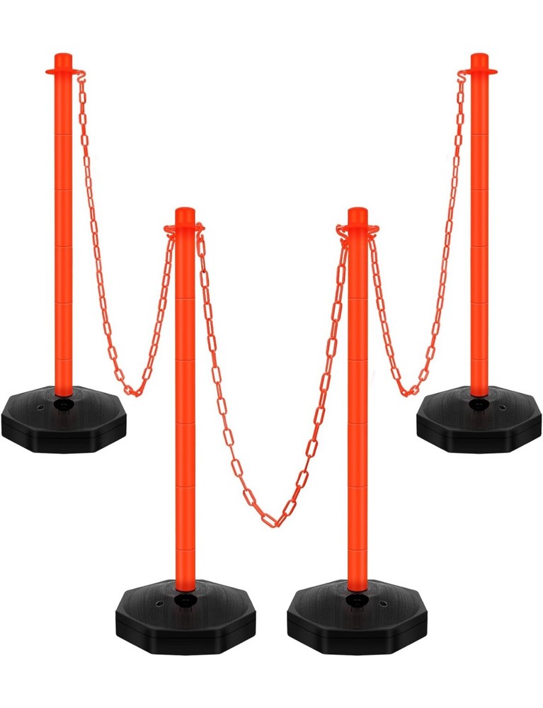 4 Pack- 34” Traffic Delineator Post Cones, Fillable Base & 6.6ft Plastic Chains