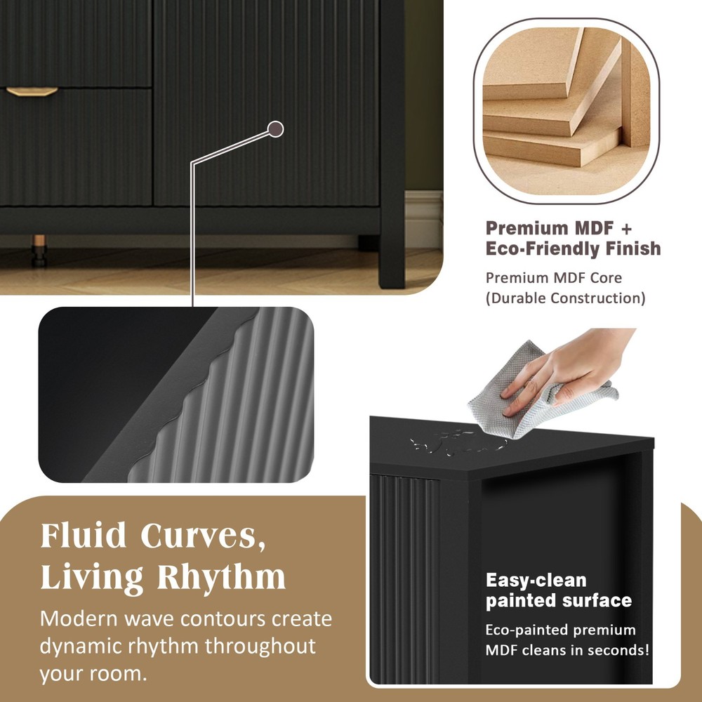 Wave Design Sideboard (3 Adjustable Shelves, 3 Drawers, Soft-Close Doors, Metal)
