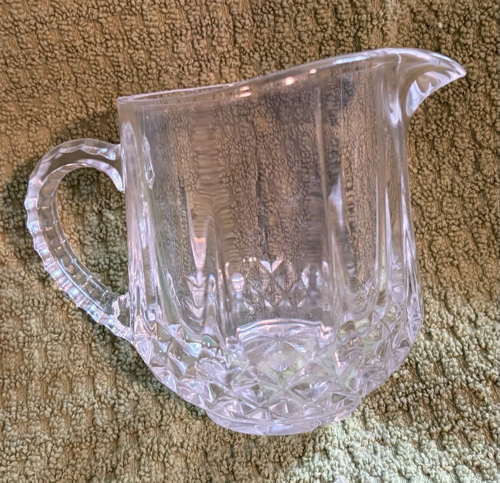 Pressed Glass Creamer Clear Diamond Pattern Glossy Round Handle Single Unboxed
