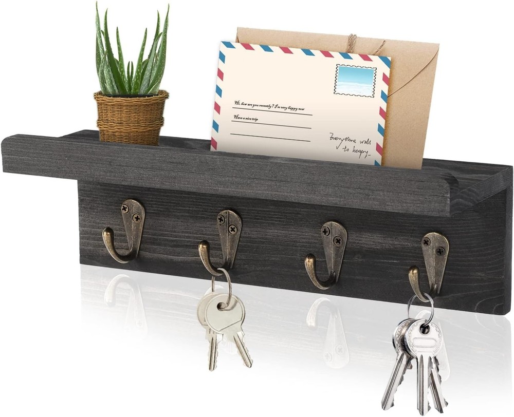 Rustic Key Holder for Wall, Farmhouse Wall Shelf with 4 Hooks, Wall Mounted Key