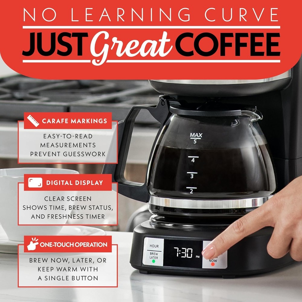 "Gourmia 5-Cup Drip Coffee Maker, One-Touch Brew, Keep Warm, Black"