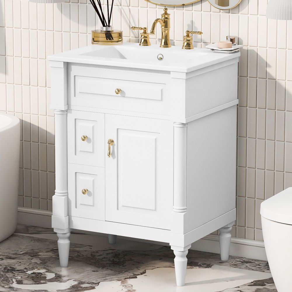 Bathroom Vanity W Sink Flip Drawer Adjustable Shelf Solid Rubberwood Frame