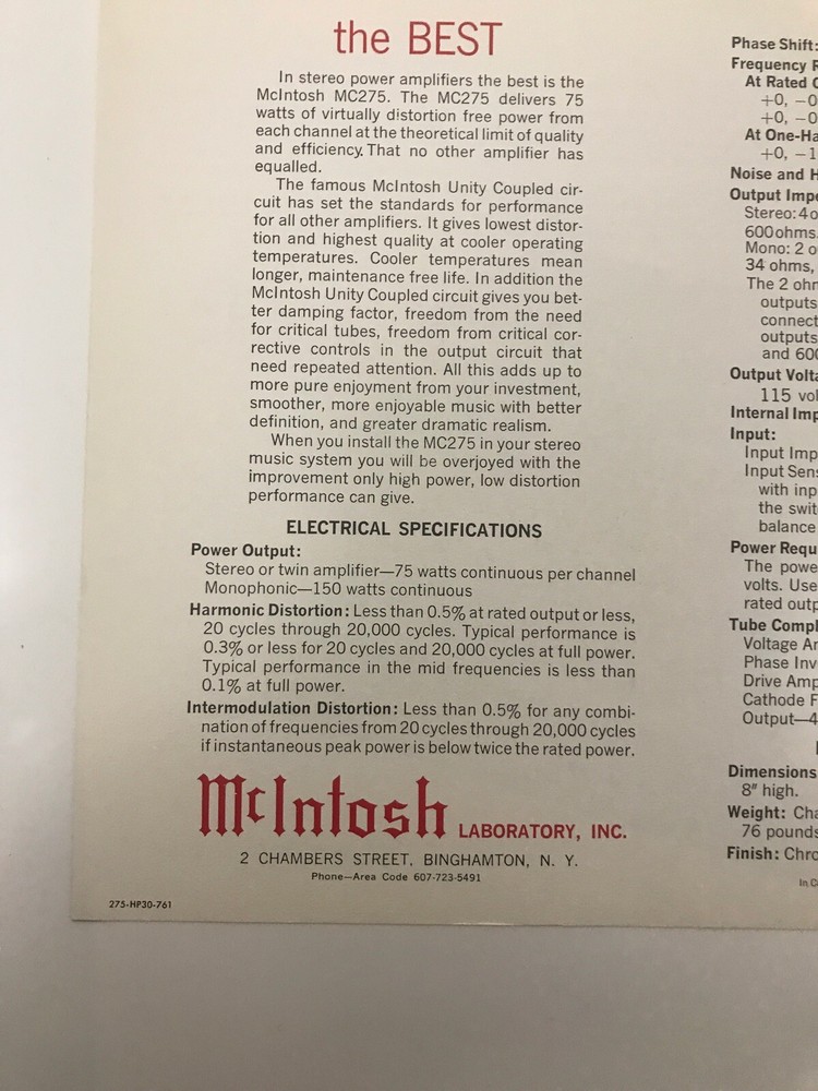 Mcintosh 275 Amplifier brochure/spec sheet