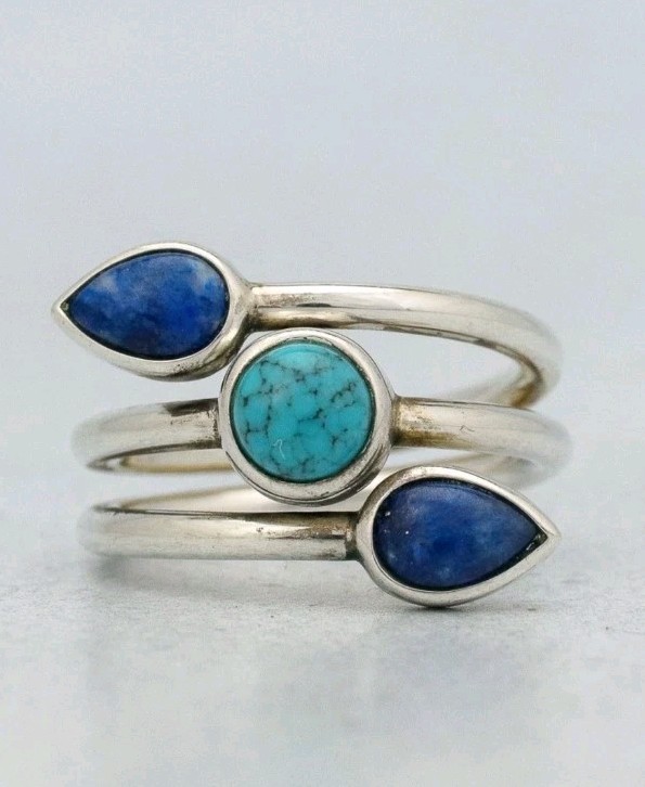 Lapis Turquoise 3 Stone Sterling Ring 6