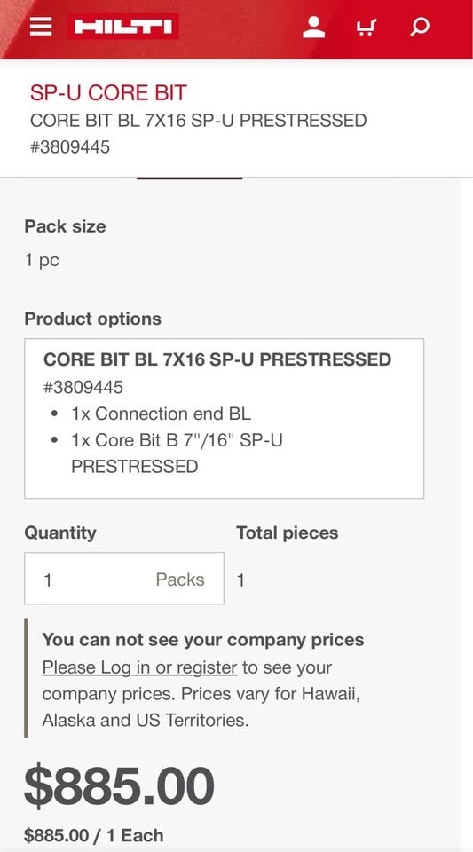 Hilti SP-U CORE BIT CORE BIT BL 7X16 SP-U PRESTRESSED