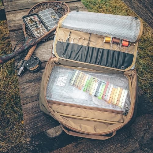 Fly Tying Kit with Multiple See-Through Pouches and Tying Tool Stations and