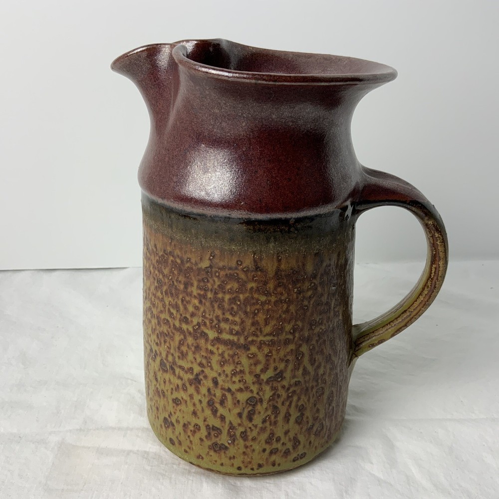 Speckled Brown Two Tone Art Pottery Pitcher Signed DA