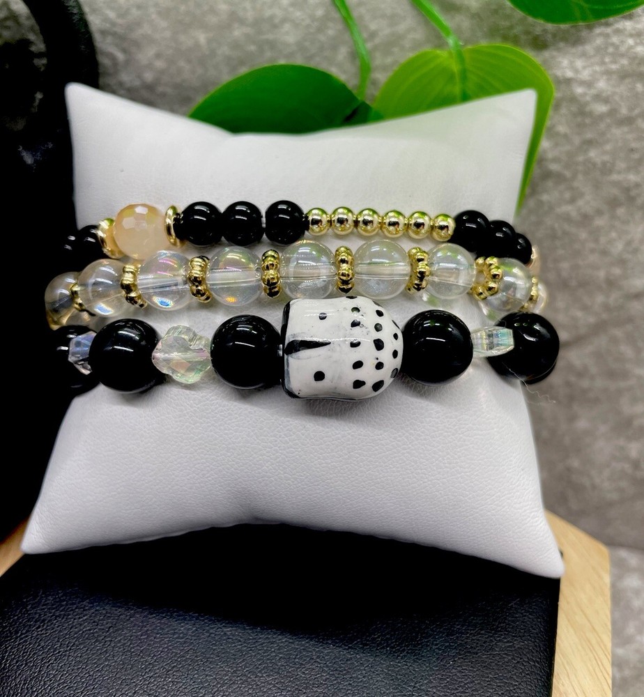 3 PC Handmade Boho  Beaded Stackable 6.5” Plus Stretch Bracelet Set New B1323
