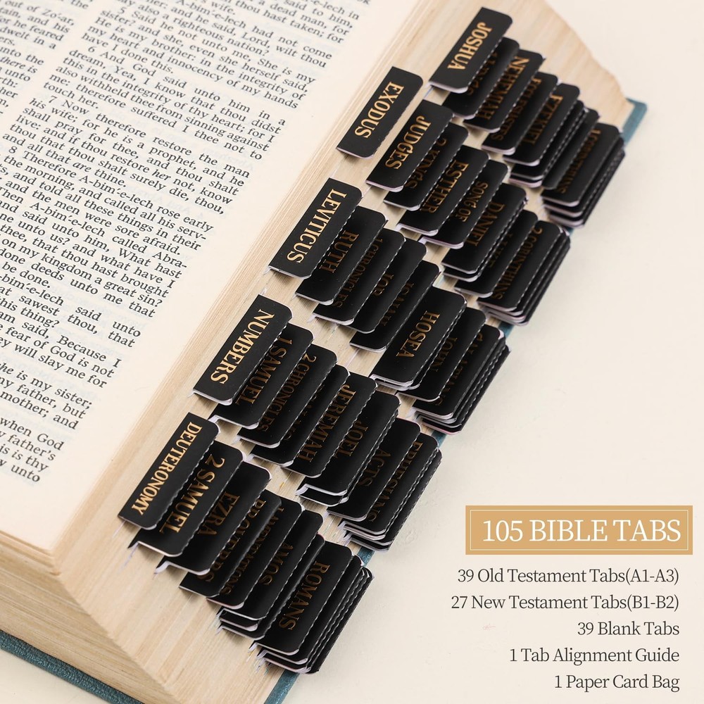 Laminated Bible Tabs, Gold Foil Embossed Lettering Chapter Index Black