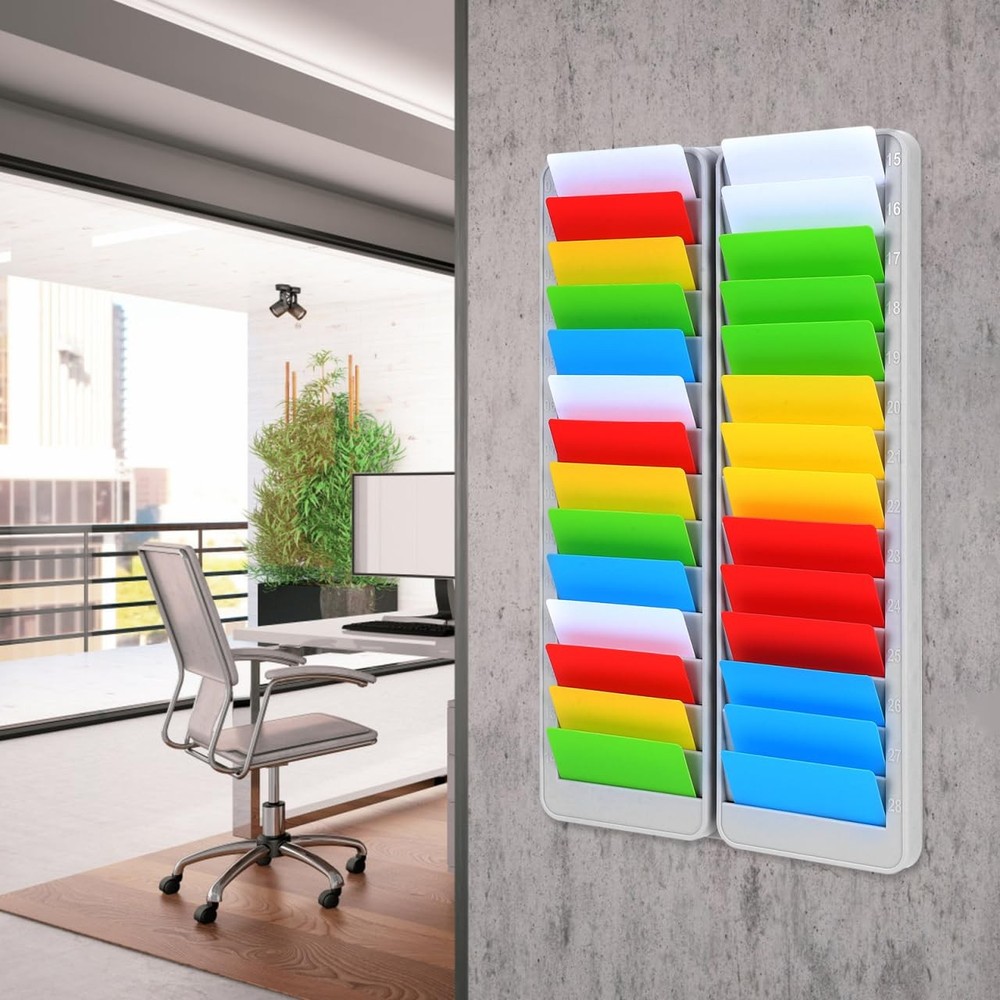 28 Slots Time Card Holder Wall Mounted Expandable Time Clock Holder Badge Rac...