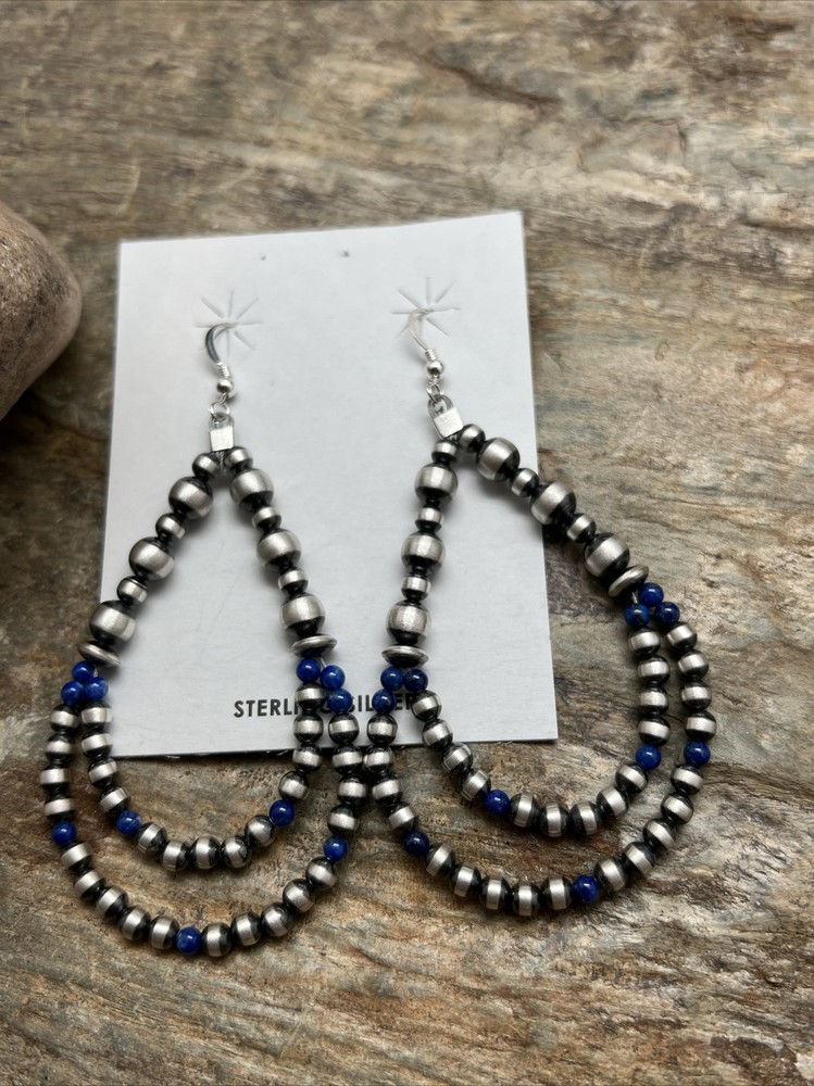 Sterling Silver Pearls Double Loop Lapis Bead Earrings.