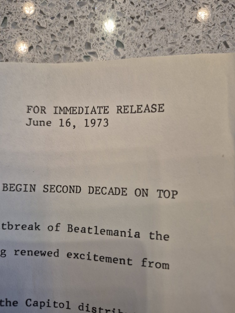 The Beatles 1973 Press Release Document Beatlemania