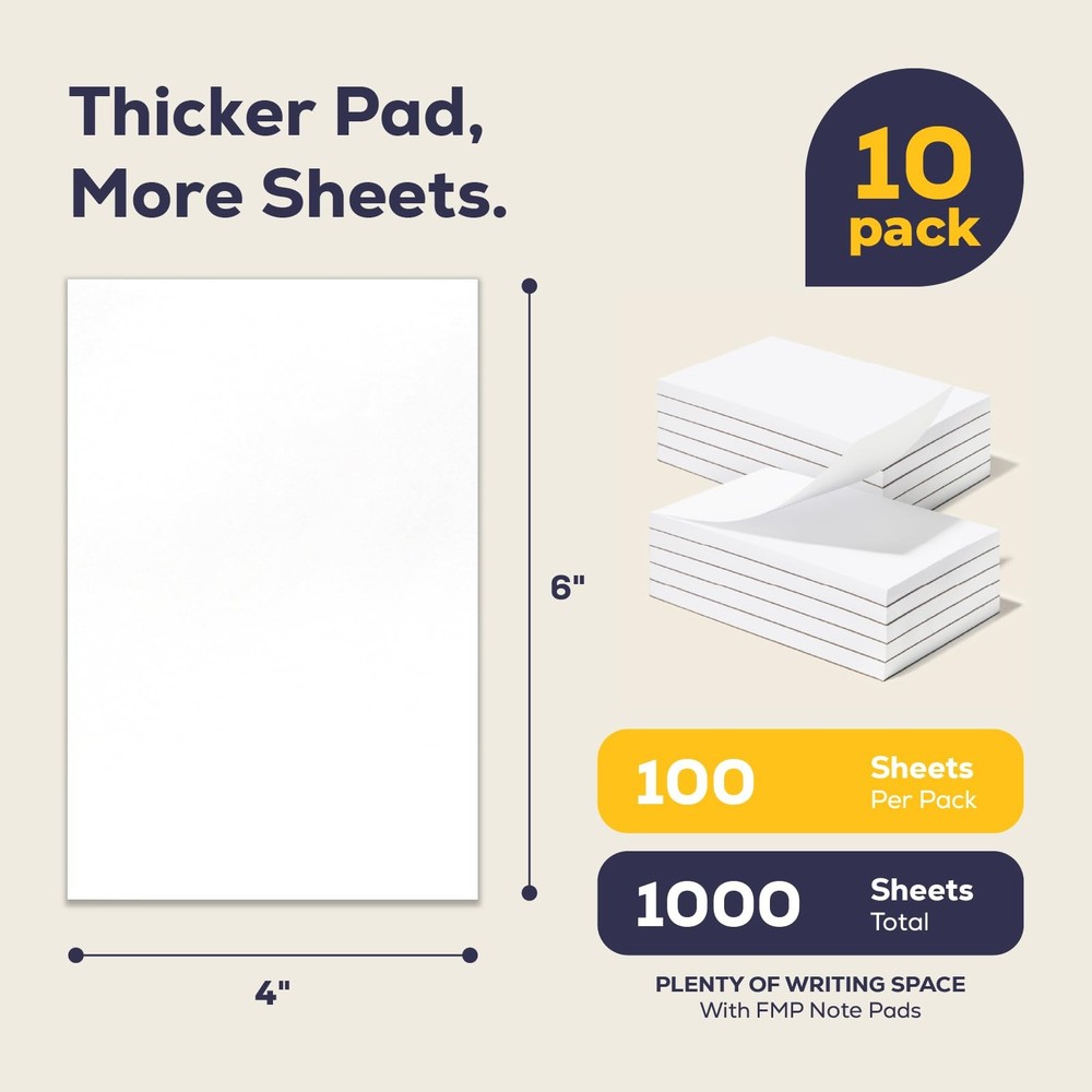FMP Brands 10-Pack 4x6" Note Pads, 100 Sheets Each, Writing Scratch Memo Pad