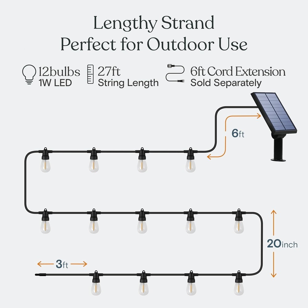 Brightech Solar Outdoor LED String Lights, 27ft 12 Bulbs