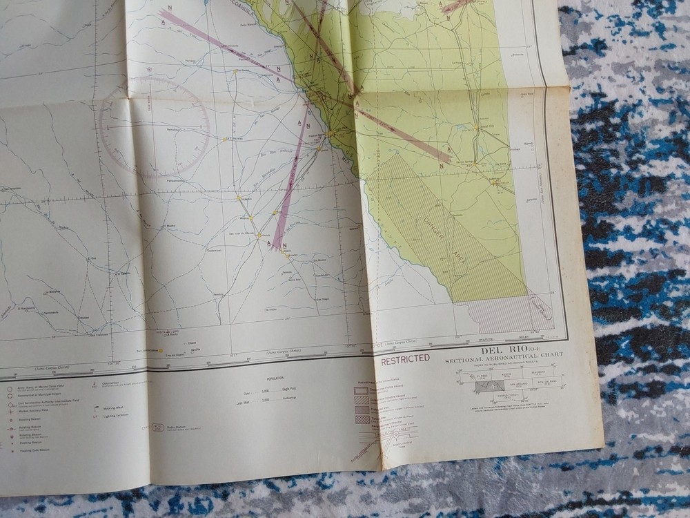 1943 WWII Sectional Aeronautical Chart Pilot Map Del Rio, Eagle Pass TX Mexico