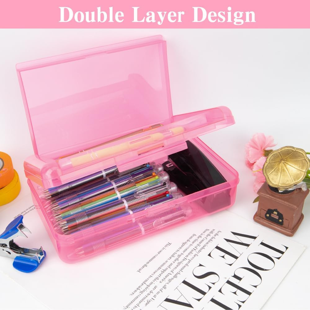 Pencil Case, Double Layer Large Capacity Pink Plastic Pencil Box, Clear Crayon B