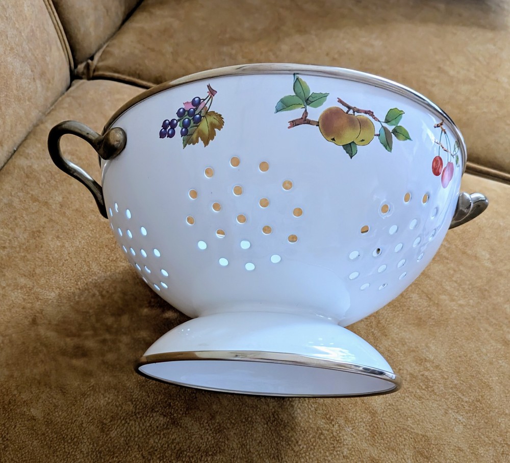 Vintage White Colander Strainer Handles Fruit Cherries Design