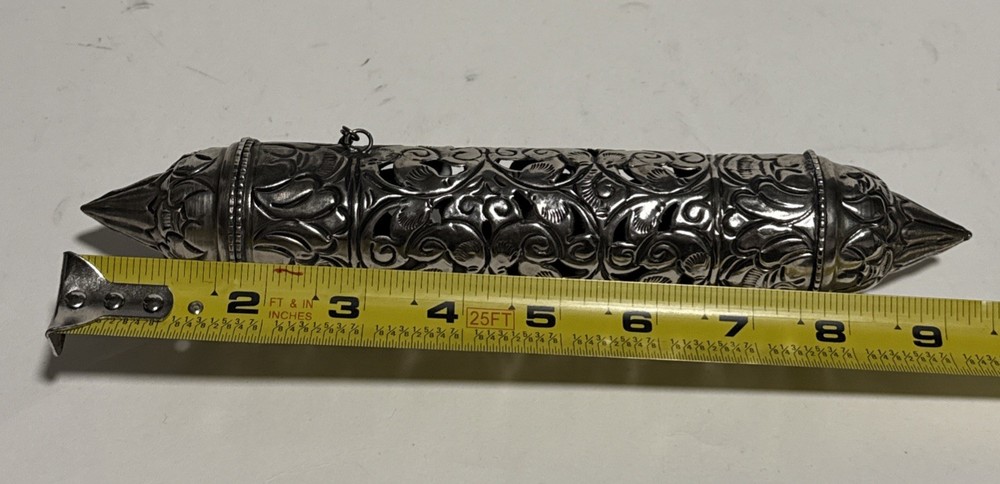VINTAGE PRAYER SCROLL HOLDER 9” Silver Metal