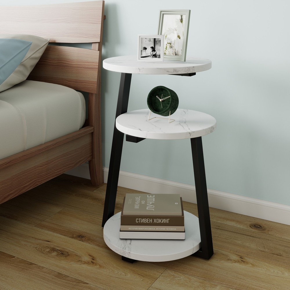 Small Round Side Table with 3-Tier Storage - White Black End Table, Sturdy Met