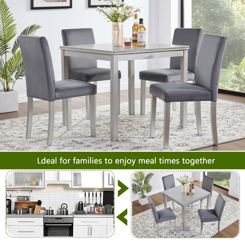 5 Piece Dining Table Set Wooden Square Dining Table & 4 Chairs for Dining Room