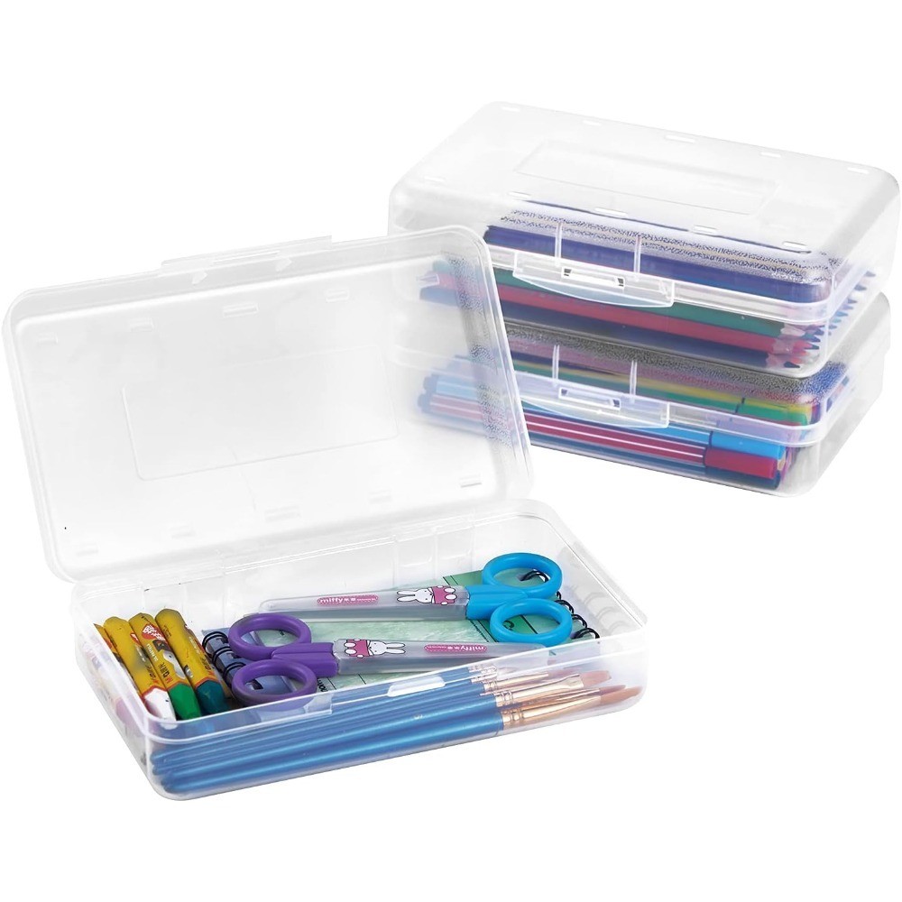 Large Clear 3-Pack Stackable Pencil Case Box, Hard Plastic Art Supply Organizer