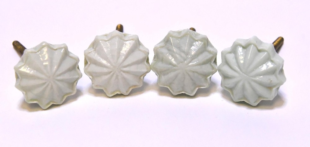 4 VINTAGE WHITE GLASS DRAWER PULLS KNOBS