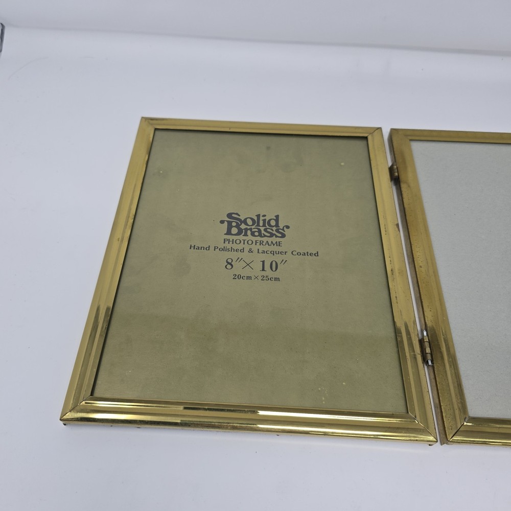 Solid brass lacquer coated polished double photo hinged frame 8x10" velvet back