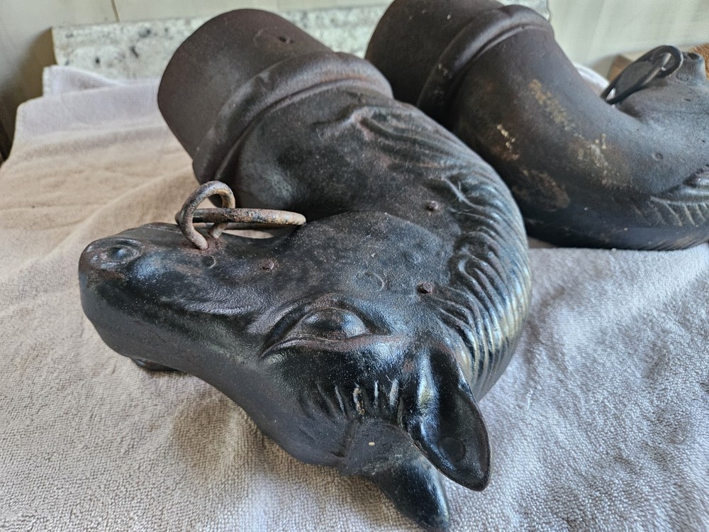 Circa 1900 : Two Double Ring Horse Head Adirons or Hitching Post Toppers