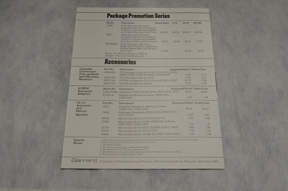 10 Data Sheets/Foldouts- Garrard &1 Foldout- Ferrograph. England. 1970s. Mint-