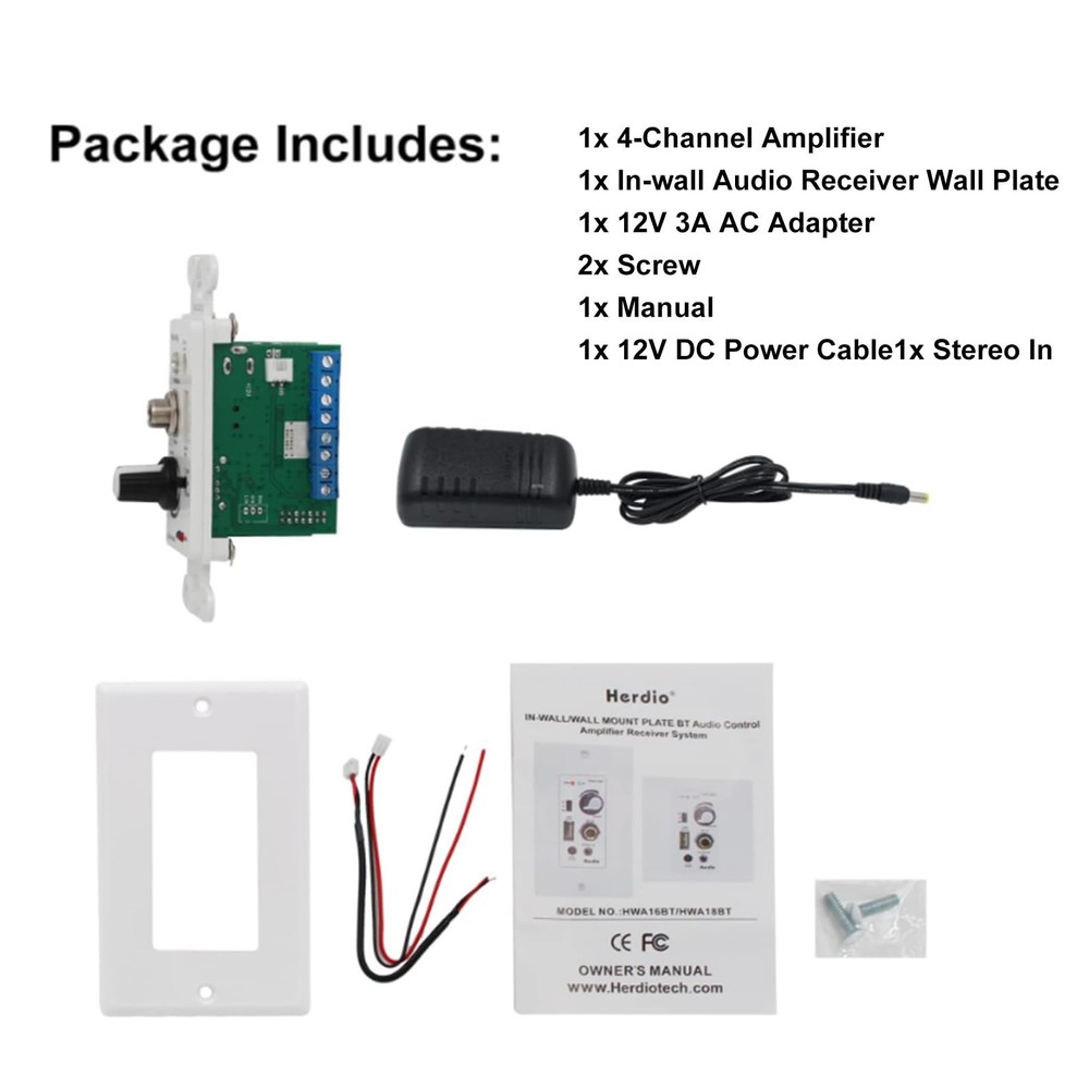 Herdio Bluetooth Wall Amplifier 4 Channels Volume Control Wall Plate USB/MIC/...