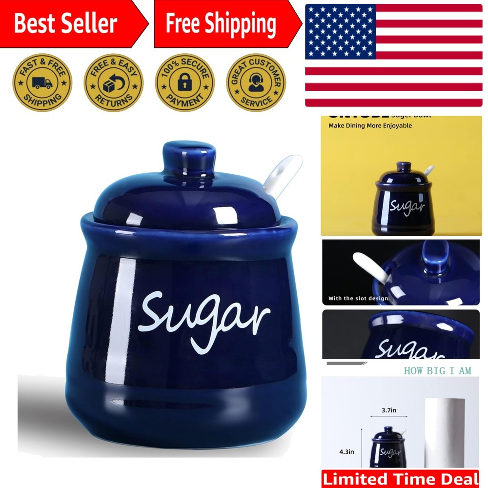 Ceramic Sugar Bowl with Lid and Spoon 12oz Navy