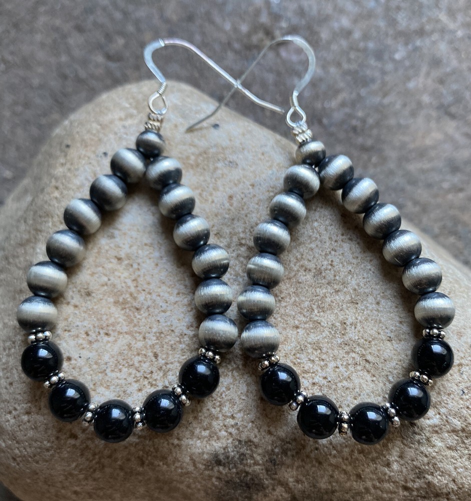 Sterling Silver Black Onyx W Pearls Bead Loop Earrings.