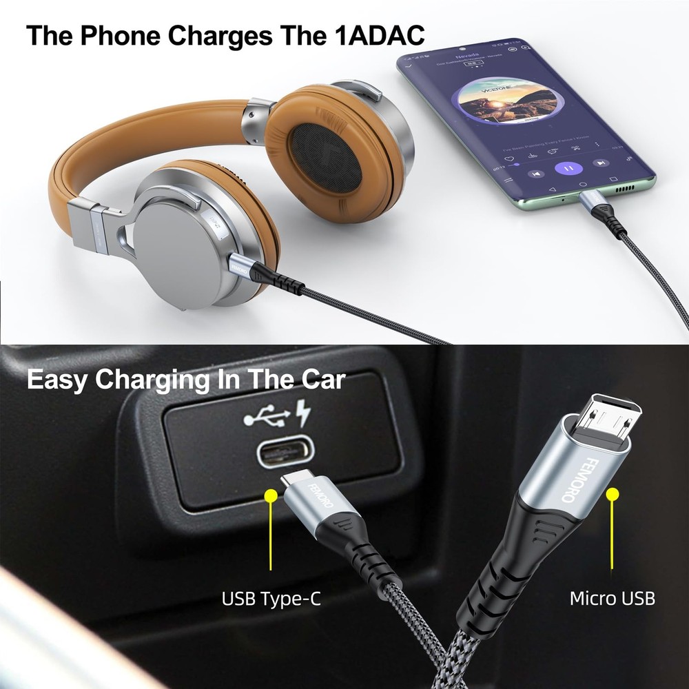 FEMORO USB C to Micro Cable 3Ft, MicroUSB Type C 3 Feet, Grey