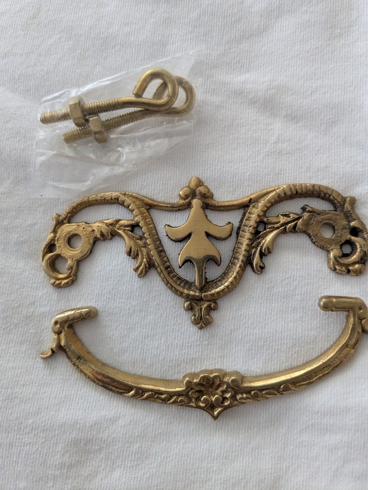 Drop Bail Drawer Pull Solid Brass w/hardware Ornate NOS 3" center 4.5"wide 1.75T