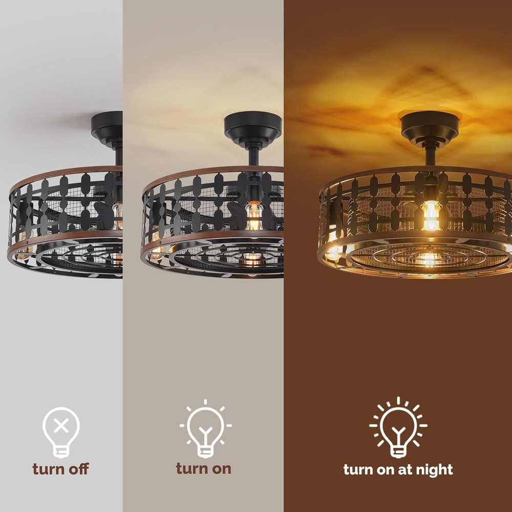 21.5" Black Caged Ceiling Fan with Light & Remote - Low Profile Design