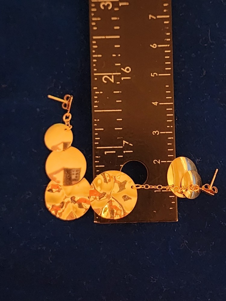 Solid 14K Yellow Gold Drop Dangle Hammered Circle Disc Earrings 1.85 Grams