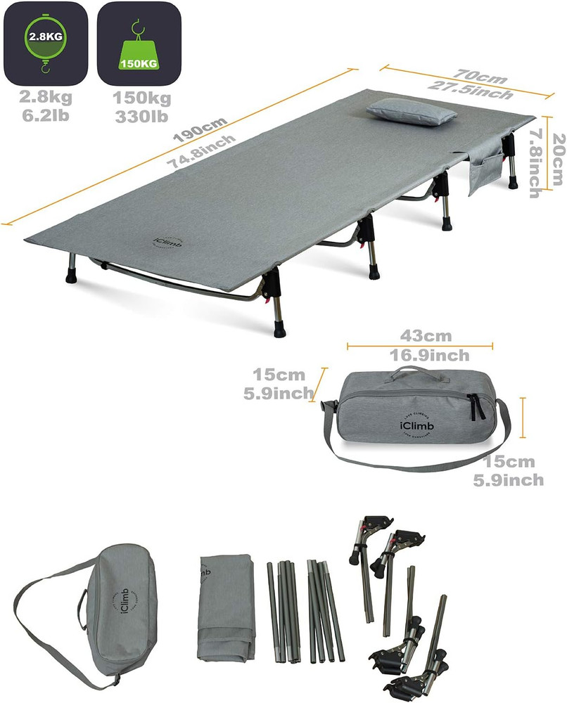 Ultralight Folding Cot for Camping - Heavy Duty, Compact with Carry Bag (Grey)