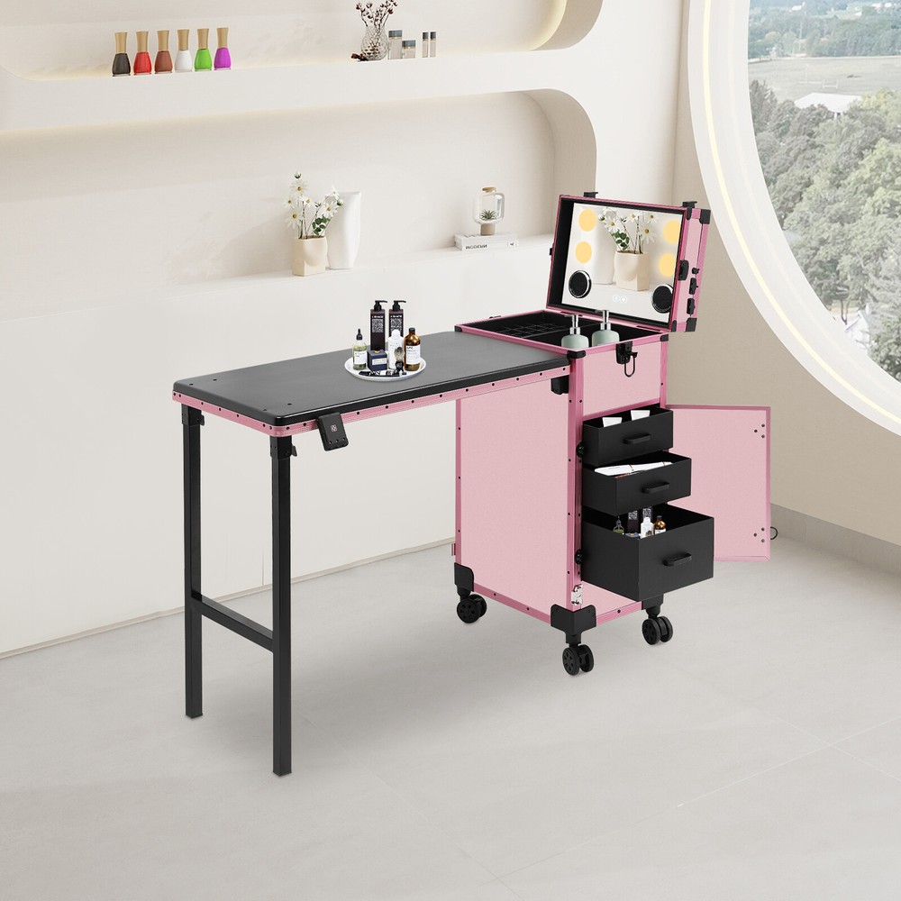 Rolling Makeup Case With Mirror Light Bluetooth Speaker Black Pink Lockable