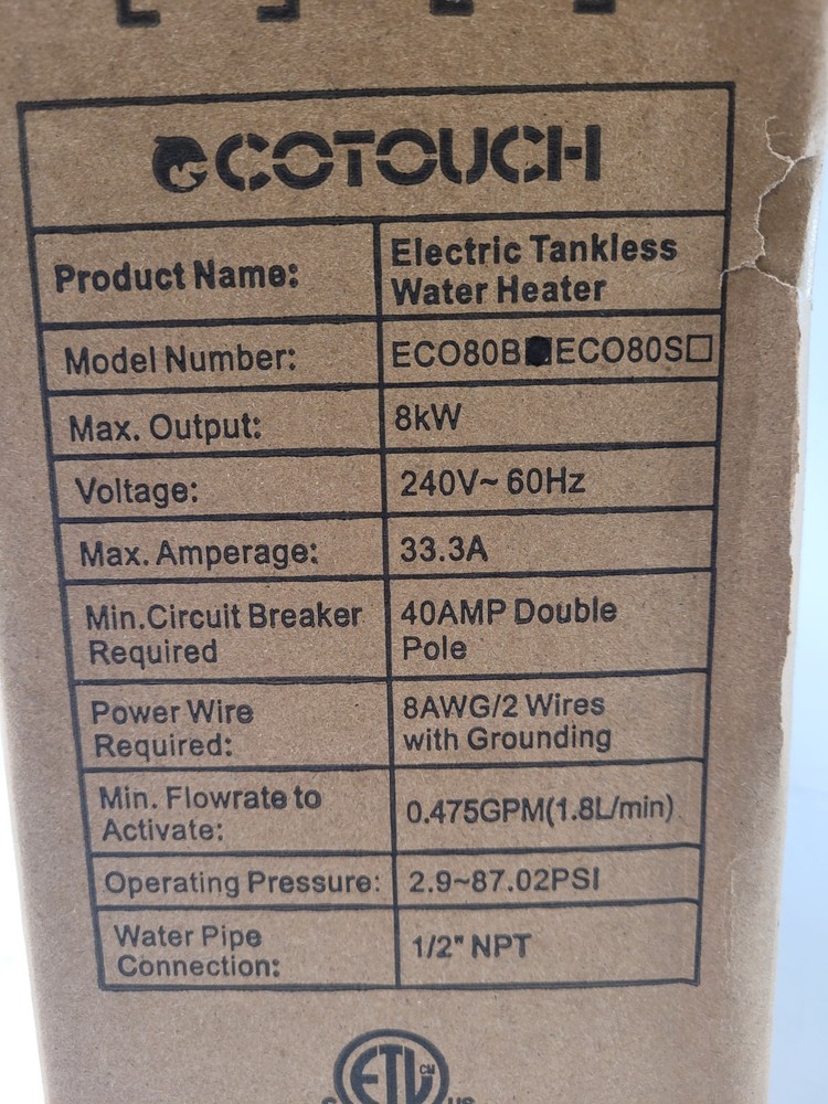 Ecotouch Electric Tank less Water Heater Model EC080S Double Pole