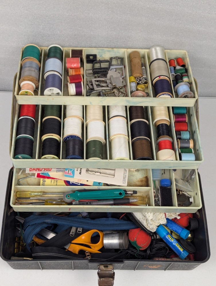 Vintage Sewing Box Thread Spool Holder & Drawer Storage