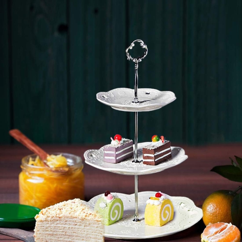Pure White Ceramic 3-Tier Dessert Tray with Silver Bracket - Easy Assembly