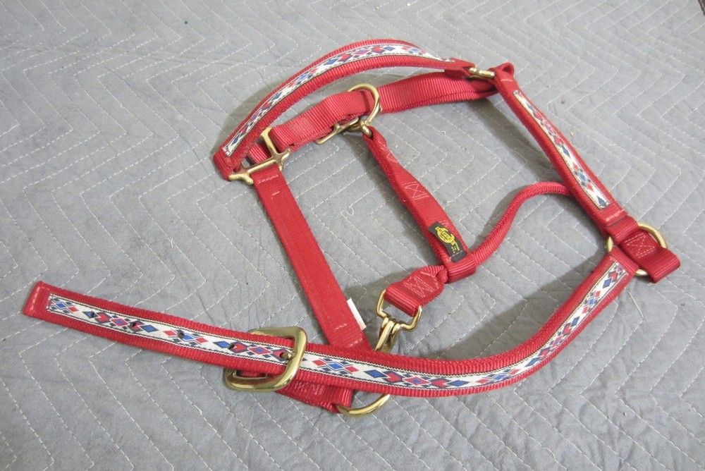Triple E 1" Nylon Adjustable Horse Halter Red with Gold Hardware