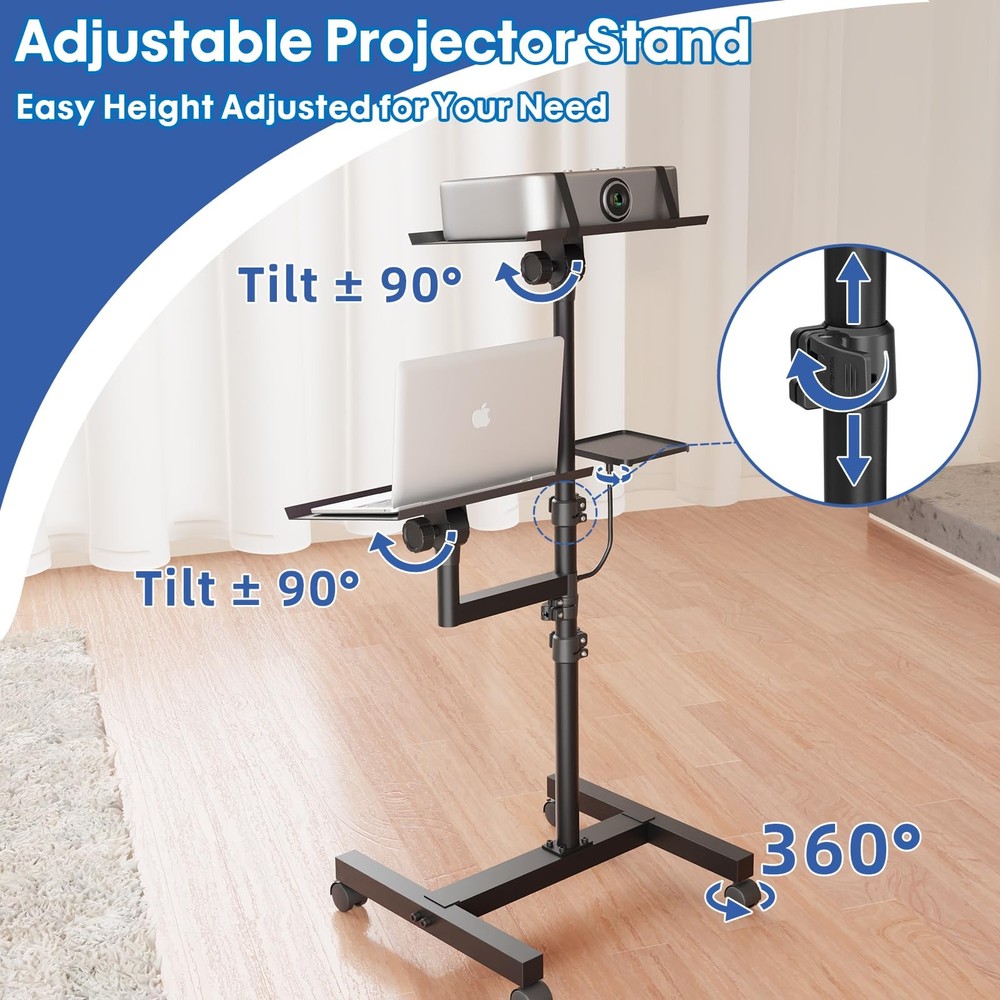 GSOW 2-Shelf Mobile Projector, Laptop Stand, Rolling, Adjustable Height